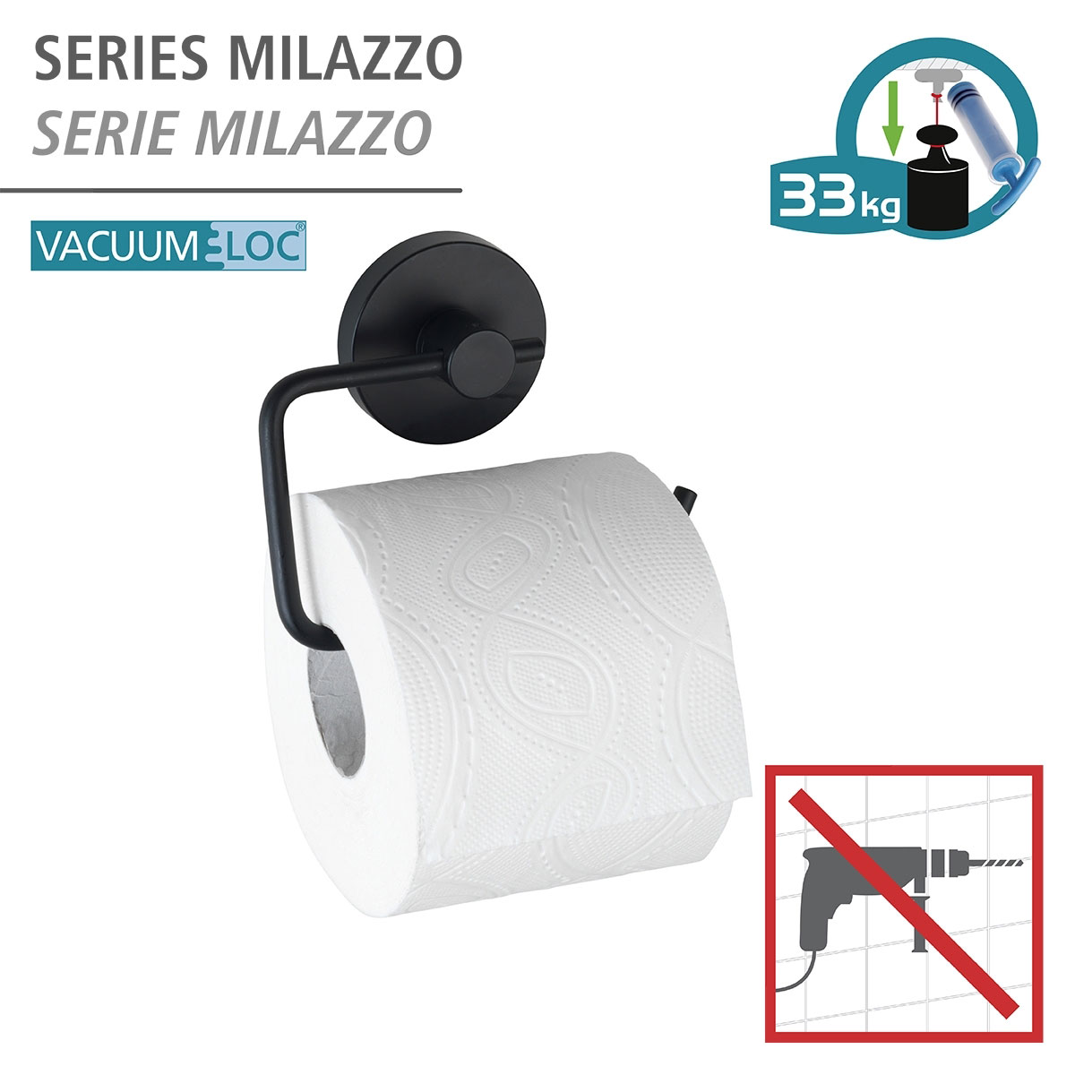 Loc Toilettenpapierhalter Milazzo ohne Schwarz Vacuum- bohren | Wenko 503653 Befestigen