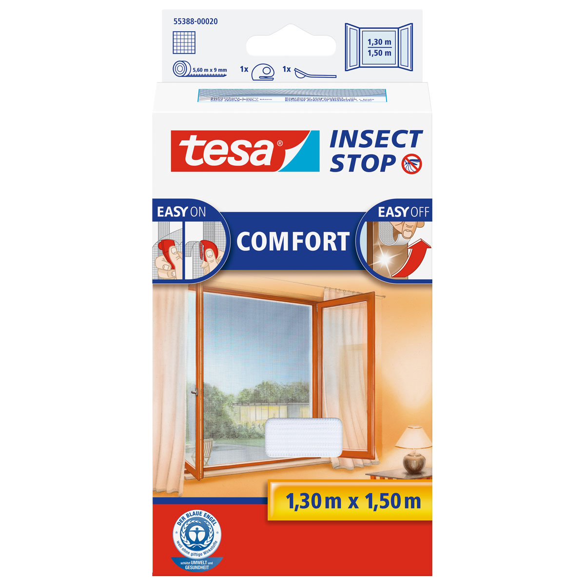 Tesa Fliegengitter Comfort 130 x 150 cm weiß für Fenster mit Klettband