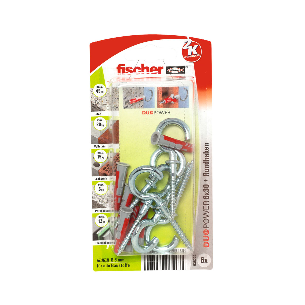 Fischer  Dübel DuoPower 6 x 30 mm mit Rundhaken silber 6 Stück
