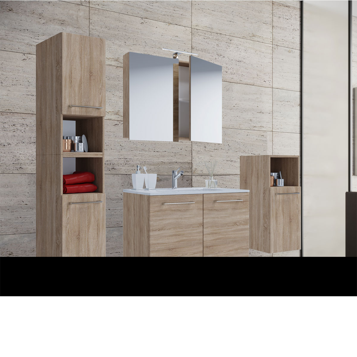 Waschplatz, 80 cm, 5-teiliges Set, 2 Türen, mit Spiegelschrank, Sonoma-Eiche