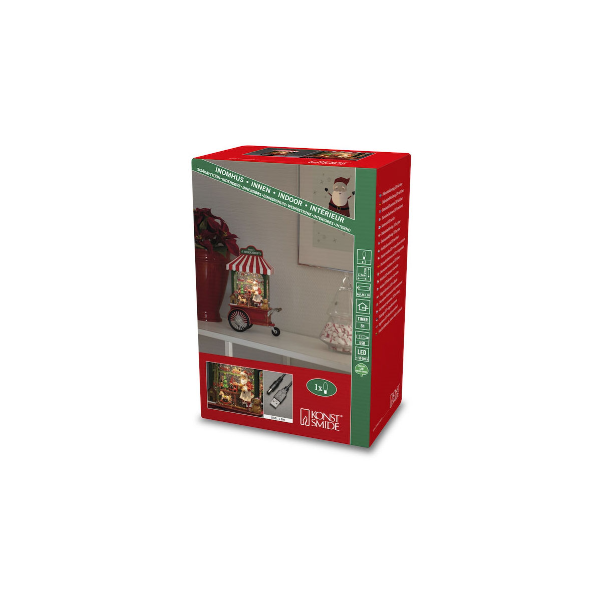 Konstsmide LED Wasserlaterne Santa in der Werkstatt Timer 5H 3xAA und USB |  406042