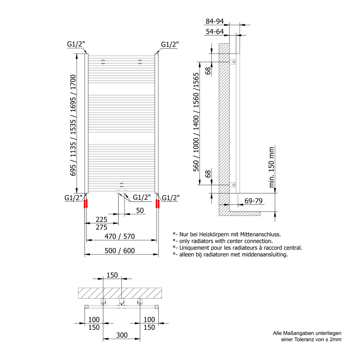 Schulte  Handtuchwärmekörper Turbo steckerfertig inklusive Heizstab 1 Anschluss rechts 60 cm x 153,5 cm Bild 3