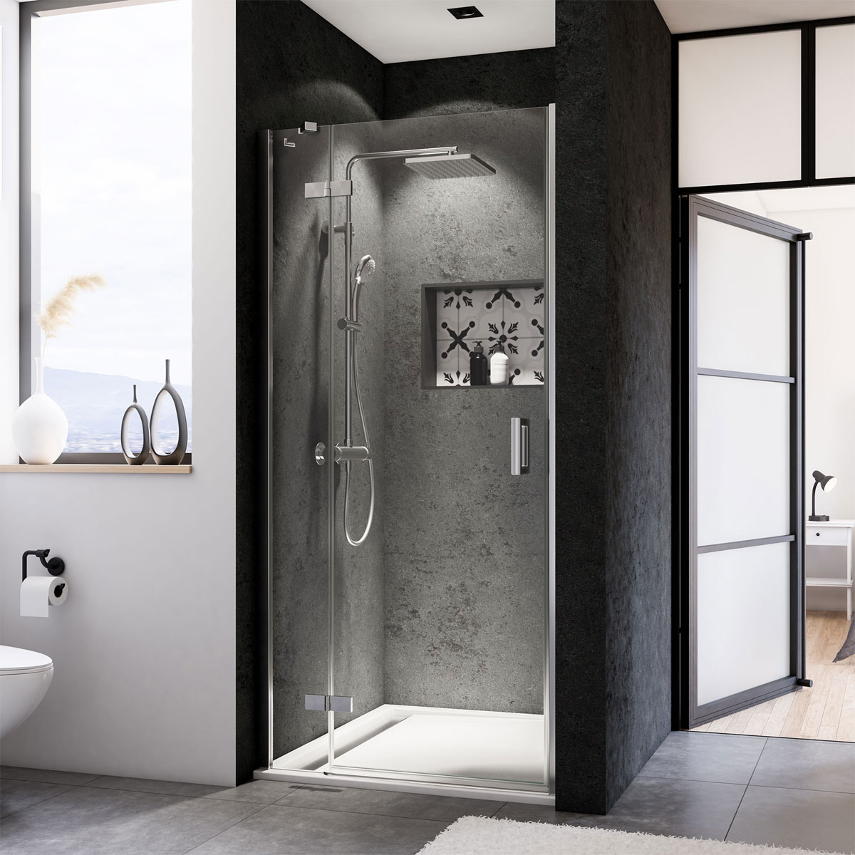 Breuer  Drehtür mit Festteil Panorama für Nische Anschlag links schwarz matt Bella C 800 mm Bild 1