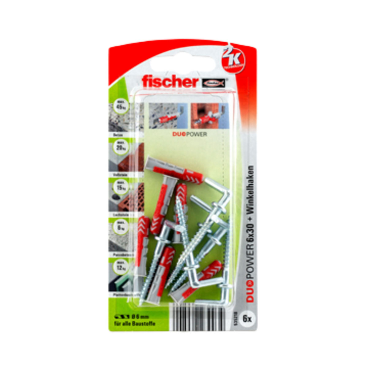 Fischer  Dübel DuoPower 6 x 30 mm mit Winkelhaken 6 Stück