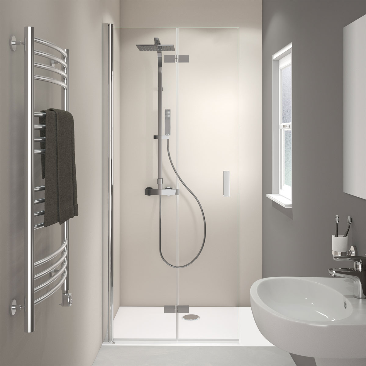 Breuer  Drehfalttür Panorama alleinstehend Anschlag links alu chromeffekt grau getönt 1400 mm Bild 1