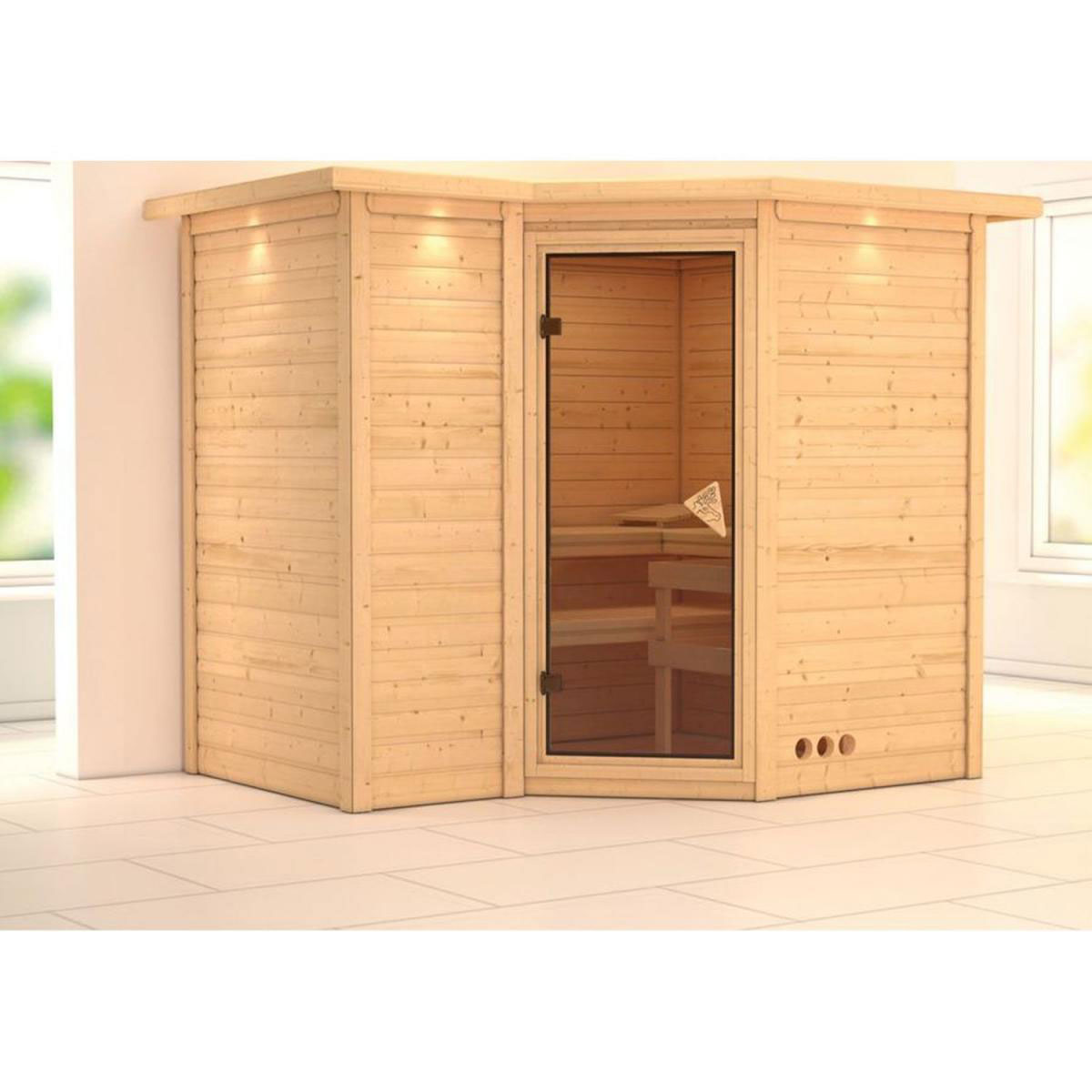 Karibu Massivholzsauna Sahib 2 40 mm ohne Ofen mit Dachkranz Bild 1