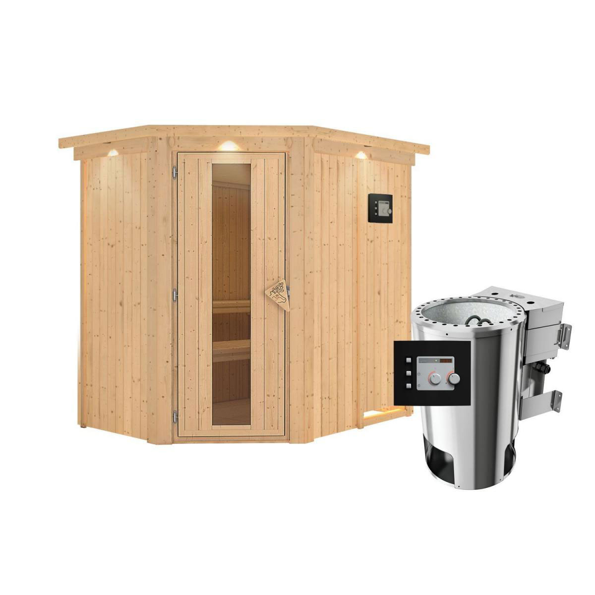 Karibu Sauna Saja Eckeinstieg 3,6 kW Bio Ofen externe Strg modern mit Kranz Energiespartür Bild 1