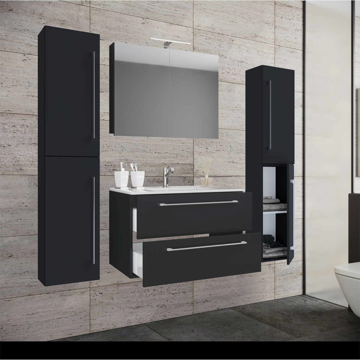Waschplatz 80 cm 5-teiliges Set 2 schwarz mit Spiegelschrank K000050371 Schubfächer schwarz | 
