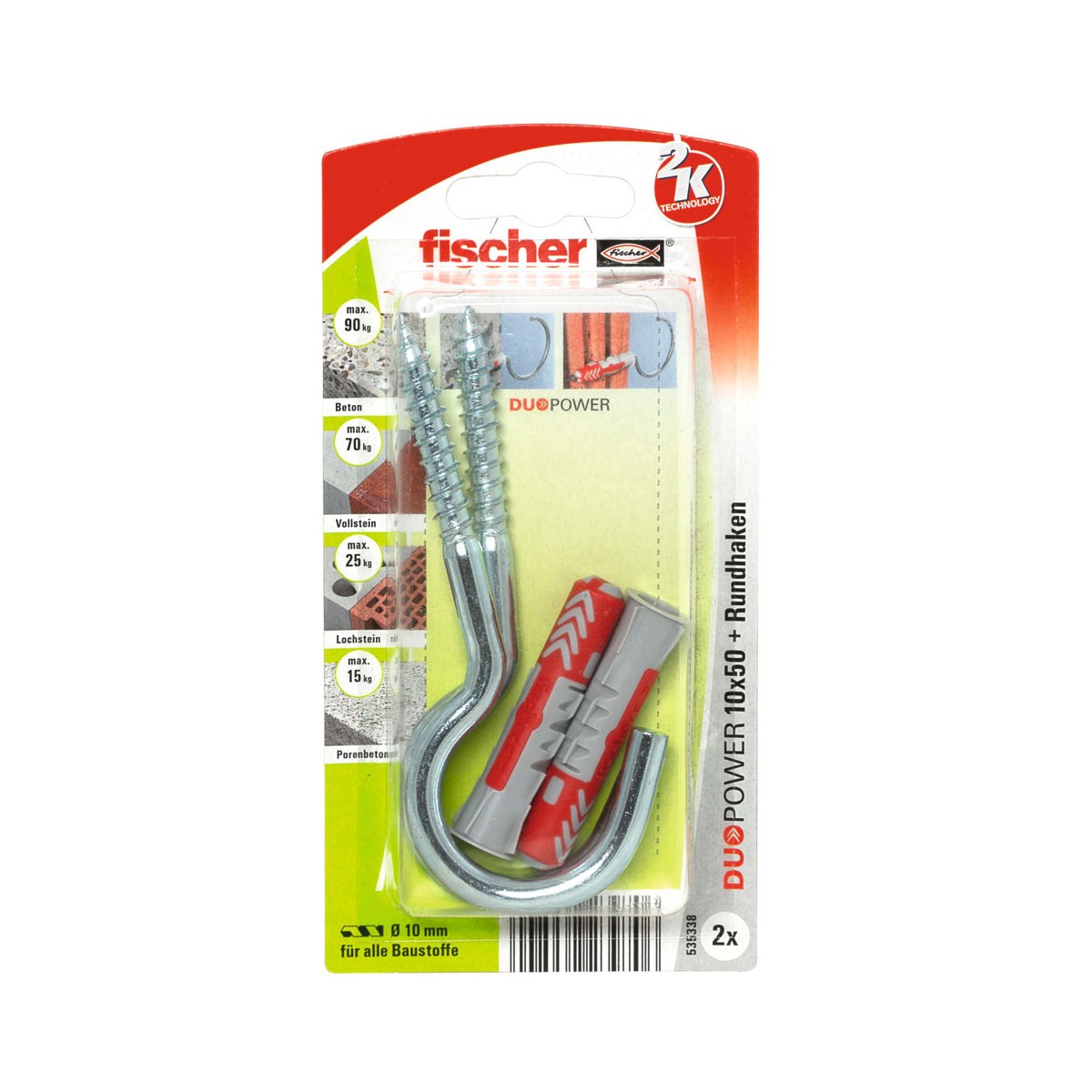 Fischer  Dübel DuoPower 10 x 50 mm mit Rundhaken Galvanischbeschichtet groß 2 Stück