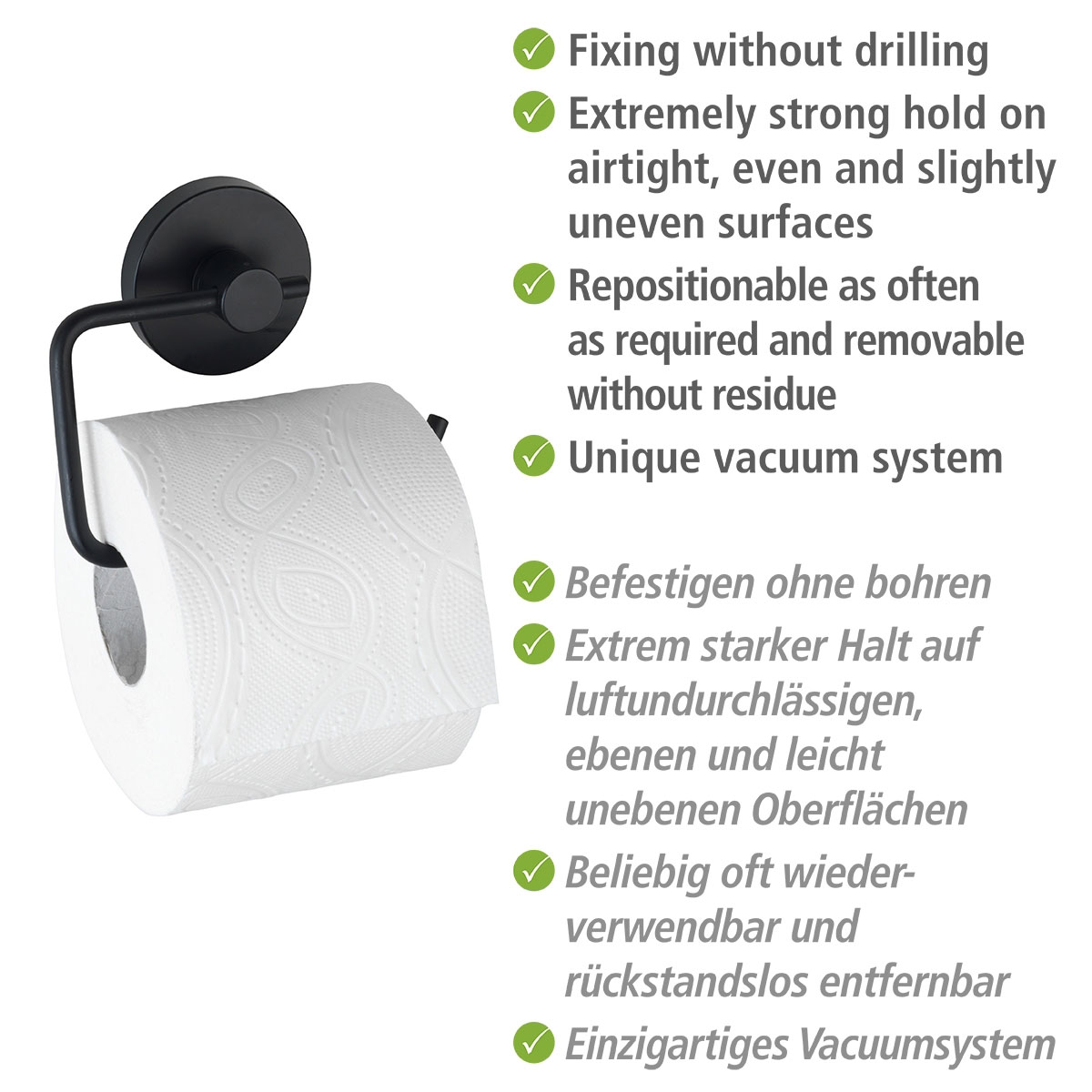 Wenko Toilettenpapierhalter Milazzo Schwarz Befestigen Loc | ohne 503653 Vacuum- bohren
