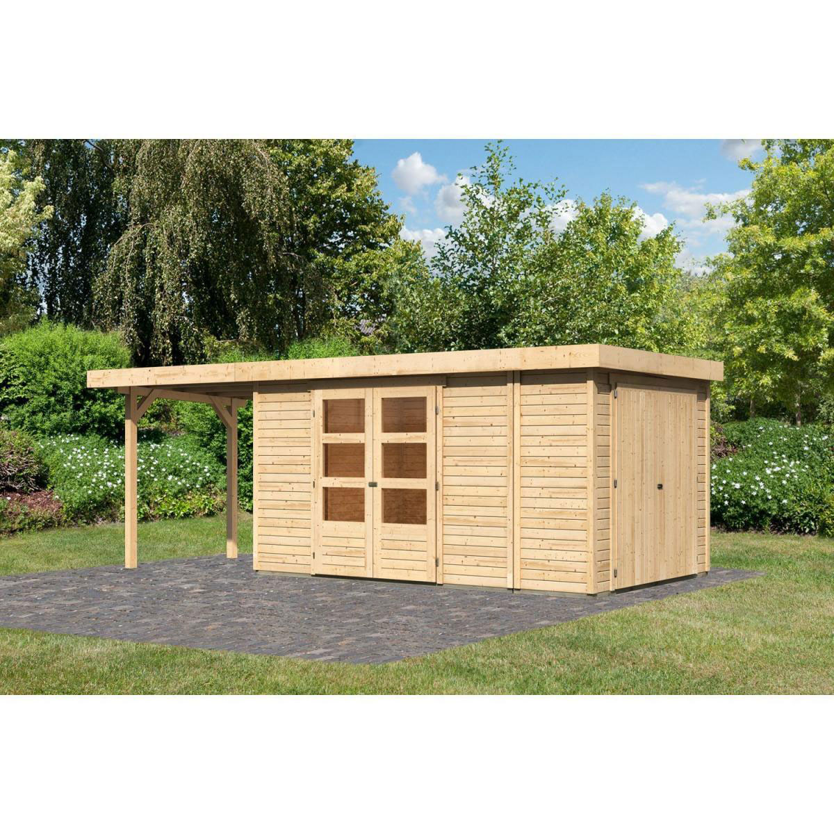 Karibu Gartenhaus Retola 6 inkl Anbauschrank und Anbaudach 2,40 Meter naturbelassen