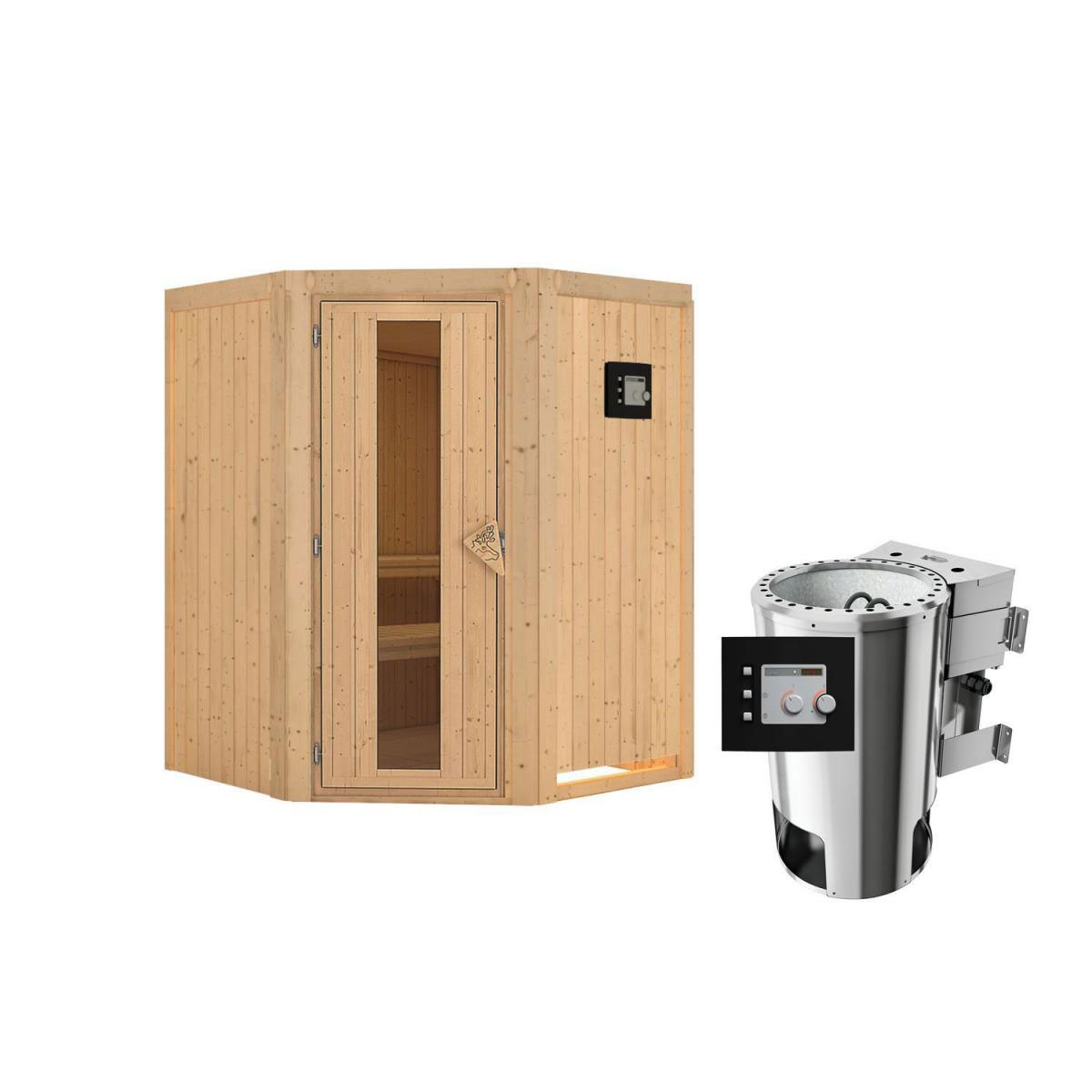 Karibu Sauna Nanja Eckeinstieg 3,6 kW Bio Ofen externe Strg modern kein Kranz Energiespartür Bild 1