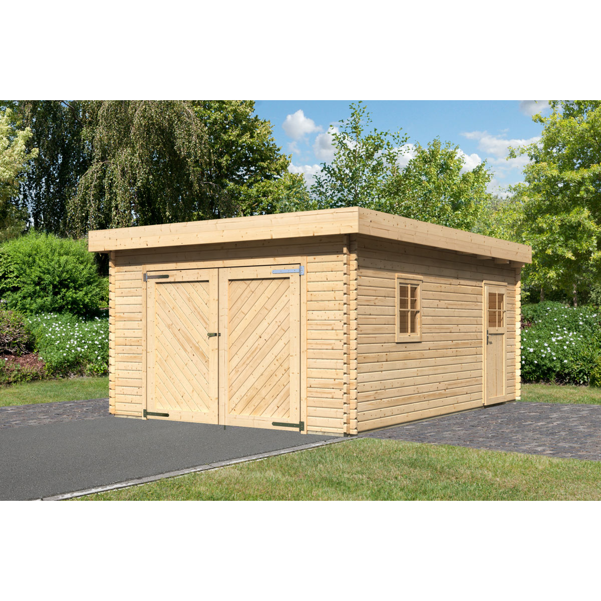 Karibu Blockbohlengarage mit Tor und Flachdach 40 mm