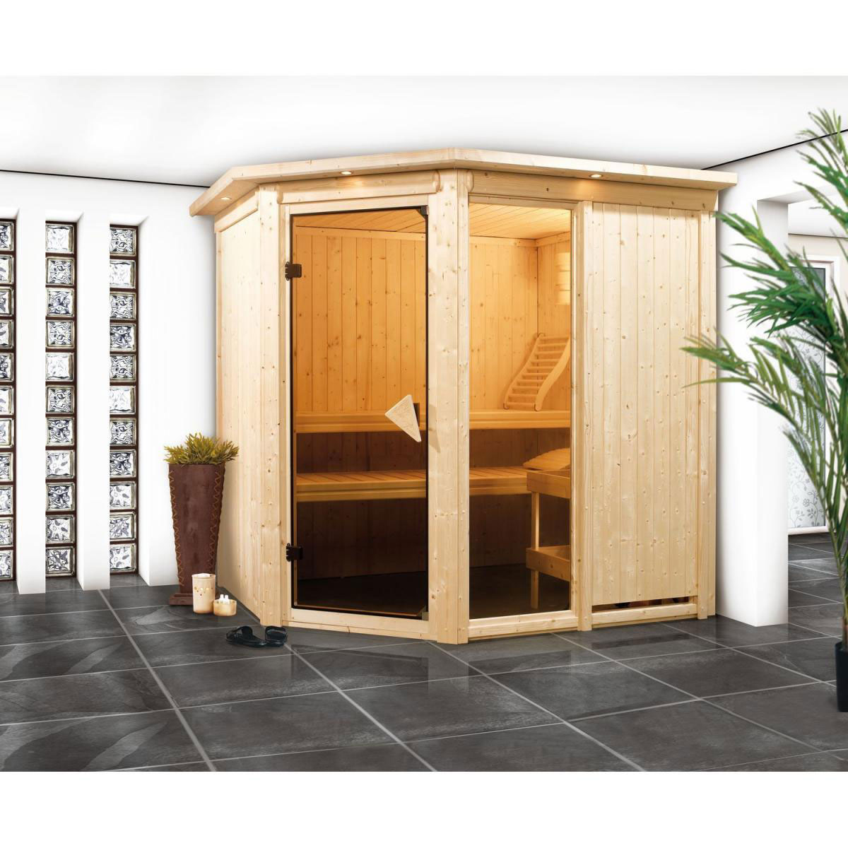 Karibu Systemsauna Fiona 1 68 mm 9 kW Ofen integr Strg mit Dachkranz Bild 5