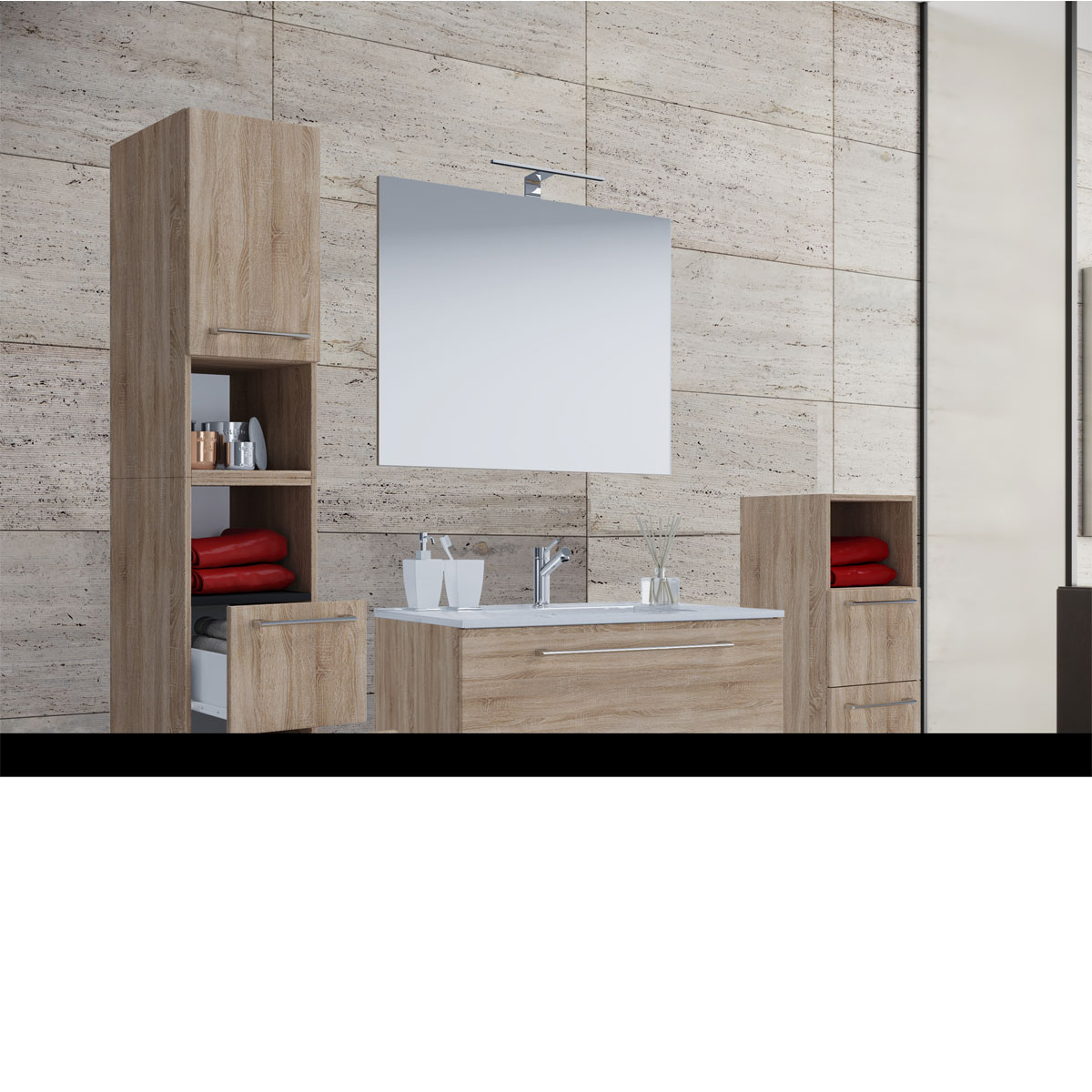 Stand-Waschplatz, 80 cm, 5-teiliges Set, 3 Schubfächer, mit Spiegel, Sonoma-Eiche