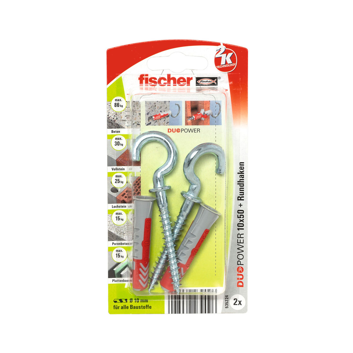 Fischer  Dübel DuoPower 10 x 50 mm mit Rundhaken 2 Stück