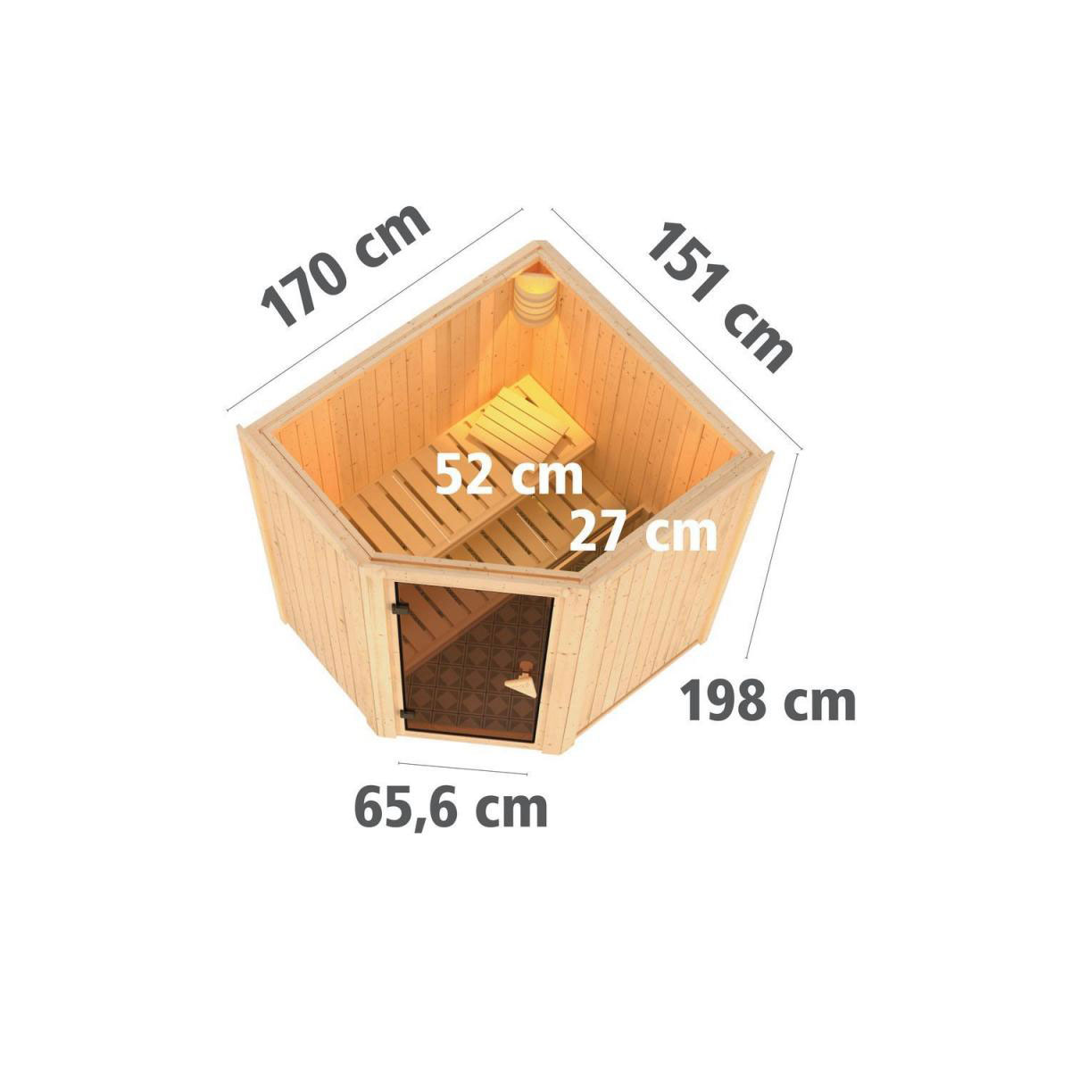 Karibu Sauna Tonja Eckeinstieg 3,6 kW Ofen externe Strg kein Kranz Klarglas-Tür Bild 11