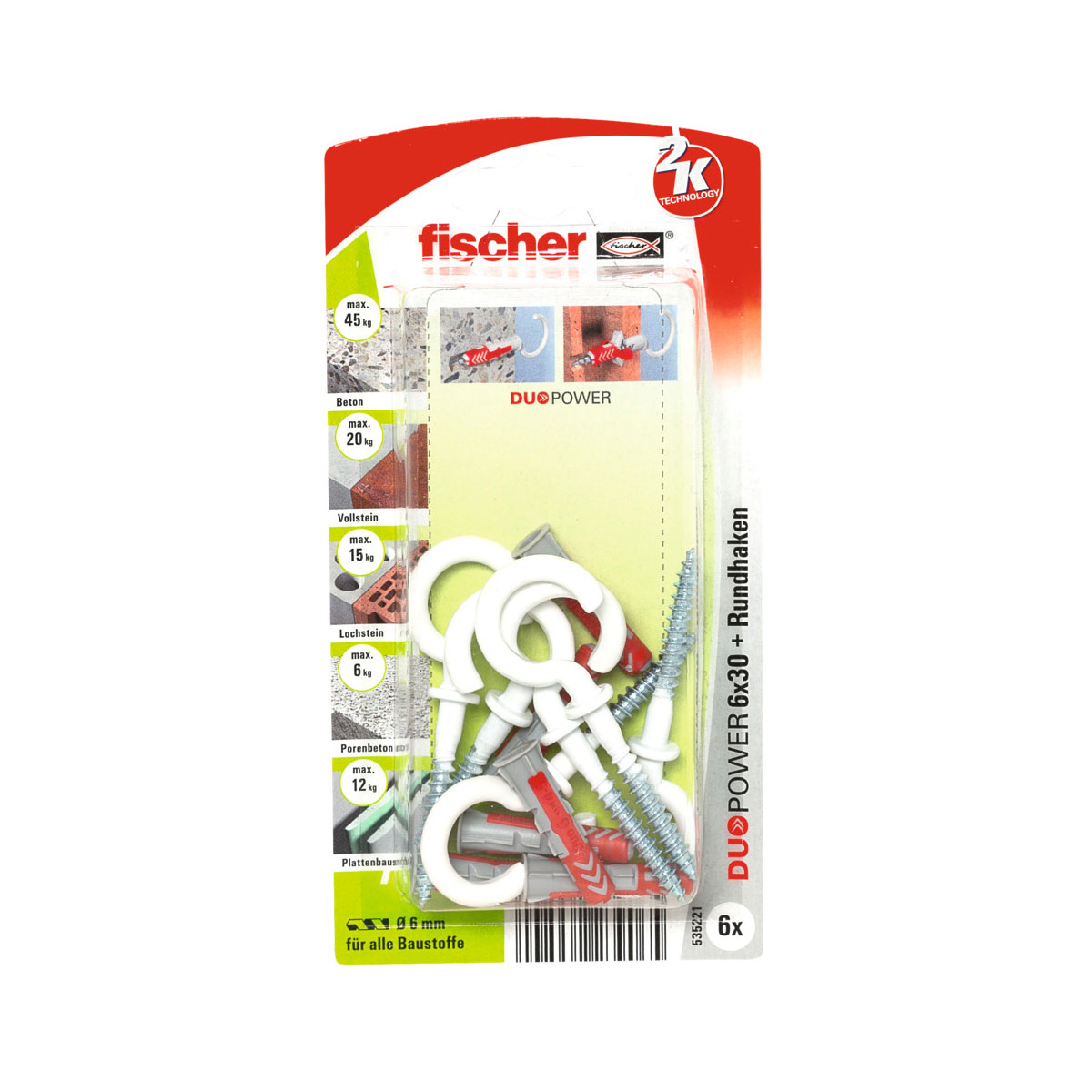 Fischer  Dübel DuoPower 6 x 30 mm mit Rundhaken nylonbeschichtet weiß 6 Stück