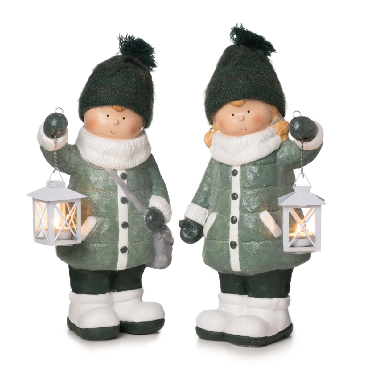 Winterkind mit Laterne 46cm grün weiss