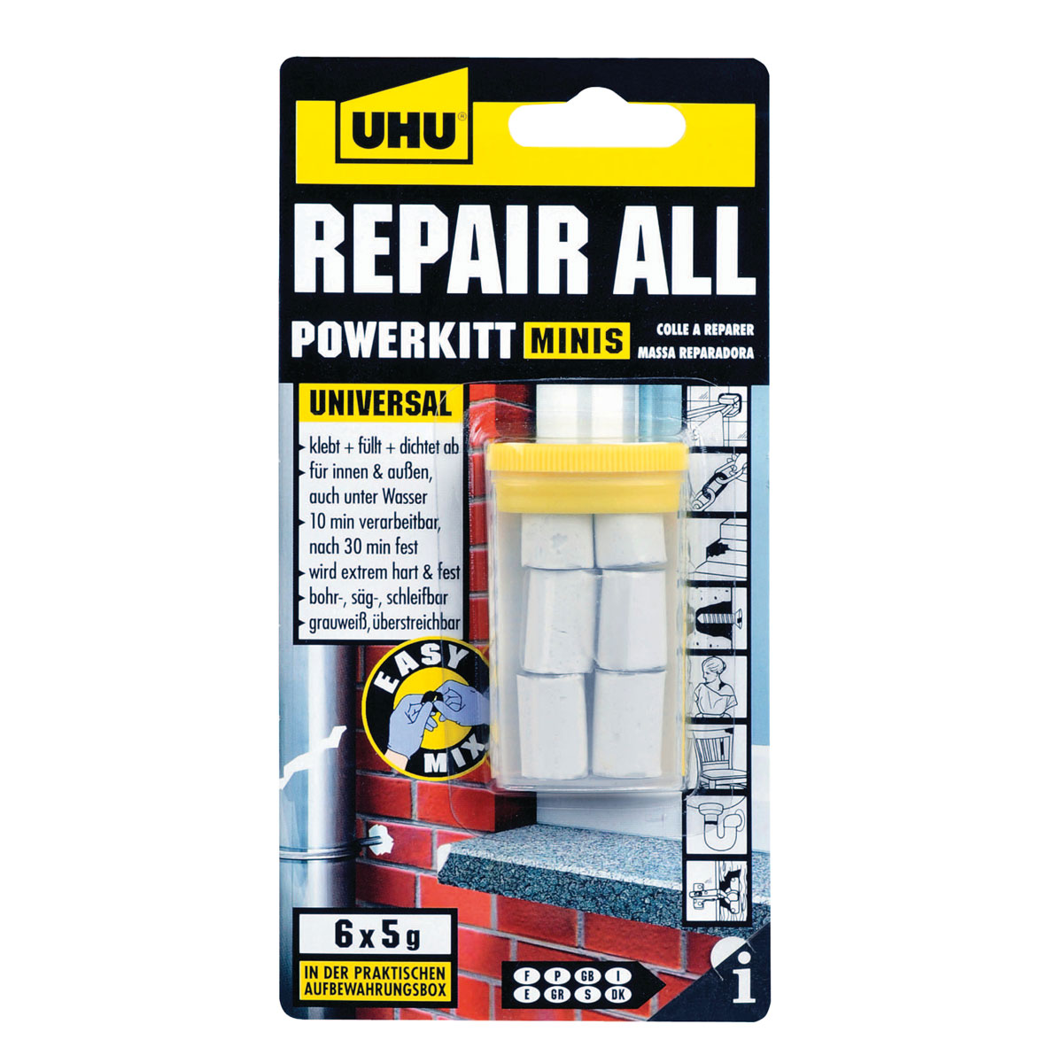 UHU  Zwei-Komponenten-Klebstoff repair all powerkitt minis 6 x 5 g