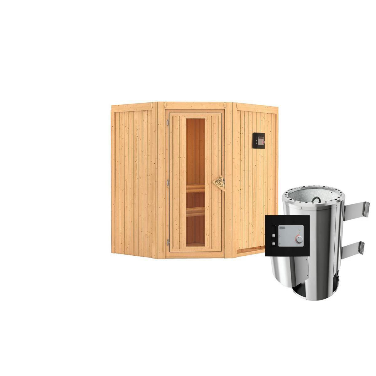 Karibu Sauna Tonja Eckeinstieg 3,6 kW Ofen externe Strg kein Kranz Klarglas-Tür Bild 1