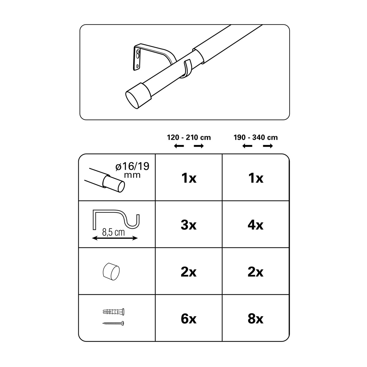 Gardinenstangen Set Kos Cap ausziehbar Durchmesser 16/19 mm 190-340 cm Edelstahl-Optik Bild 3