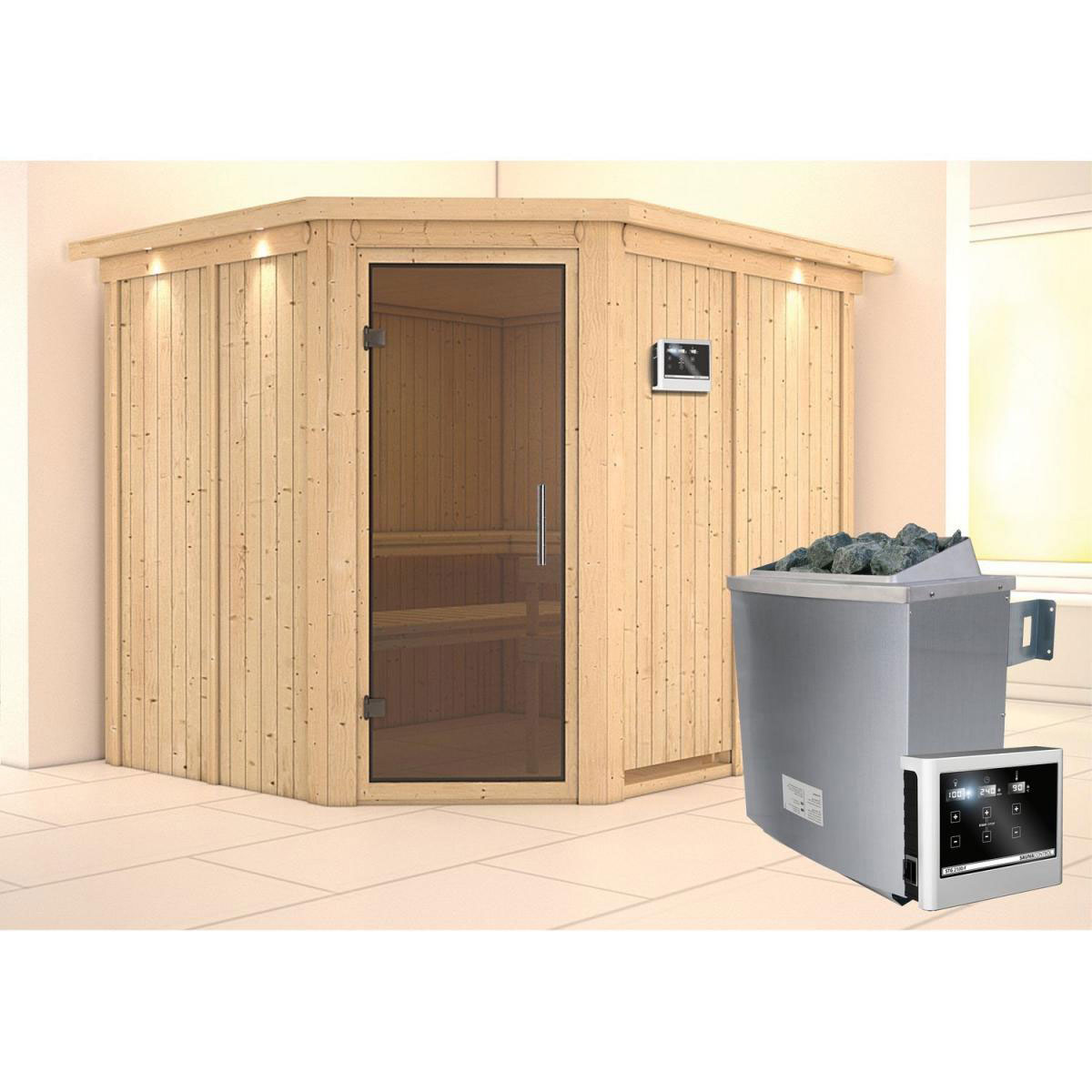 Karibu Sauna Malin Eckeinstieg 9 kW externe Strg modern Tür graphit mit Kranz Bild 1