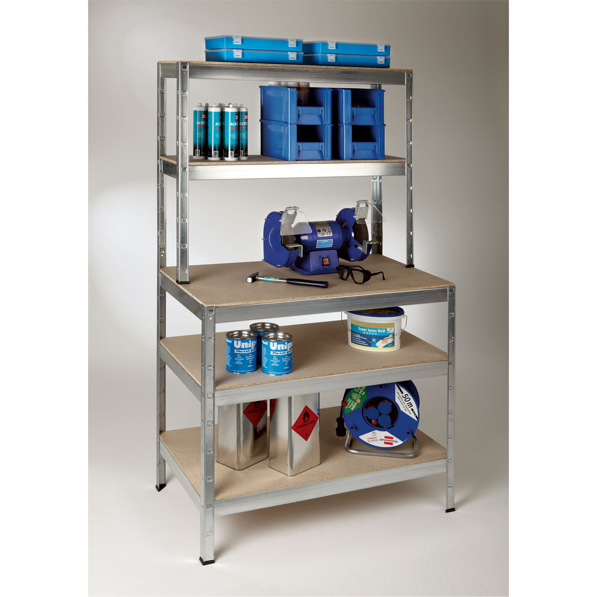 Stecksystem-Stufenregal Metall 5 Holzböden HxBxT 1800 x 100 x 300/600 cm