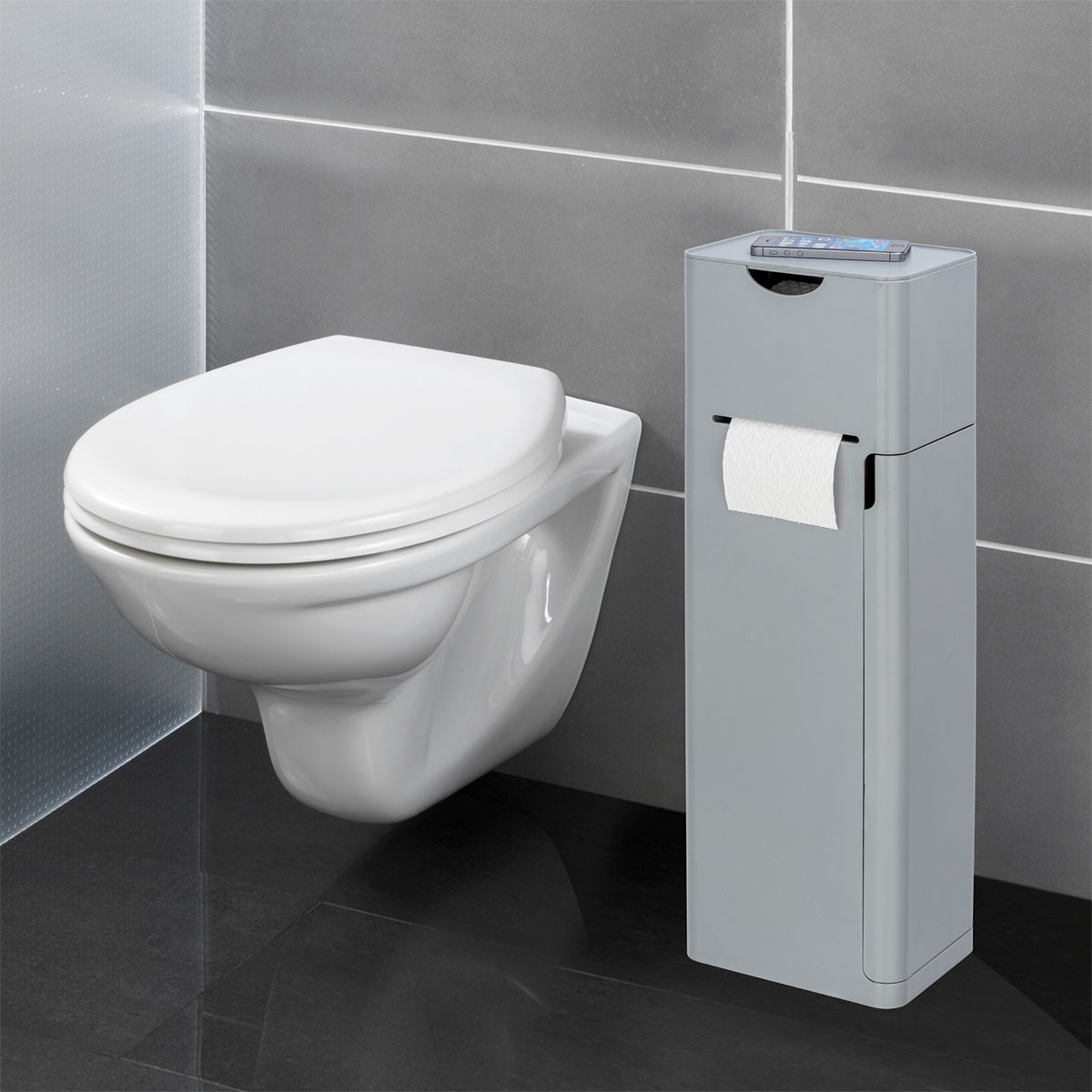 Wenko 6 in 1 Toilettenpapierhalter Stand Ersatzrollenhalter Ablage WC-Bürstenhalter Grau | matt 514824 und integrierter Stauraumfächer Imon WC-Garnitur