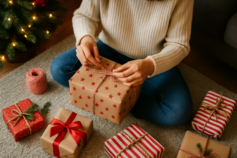 ein geschenk wird eingepackt